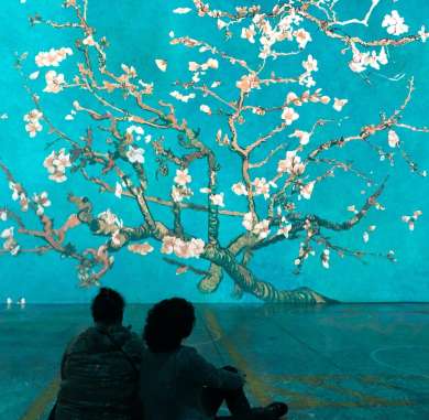 People sitting on a floor looking at Almond Blossom painting at Immersive Van Gogh Exhibit