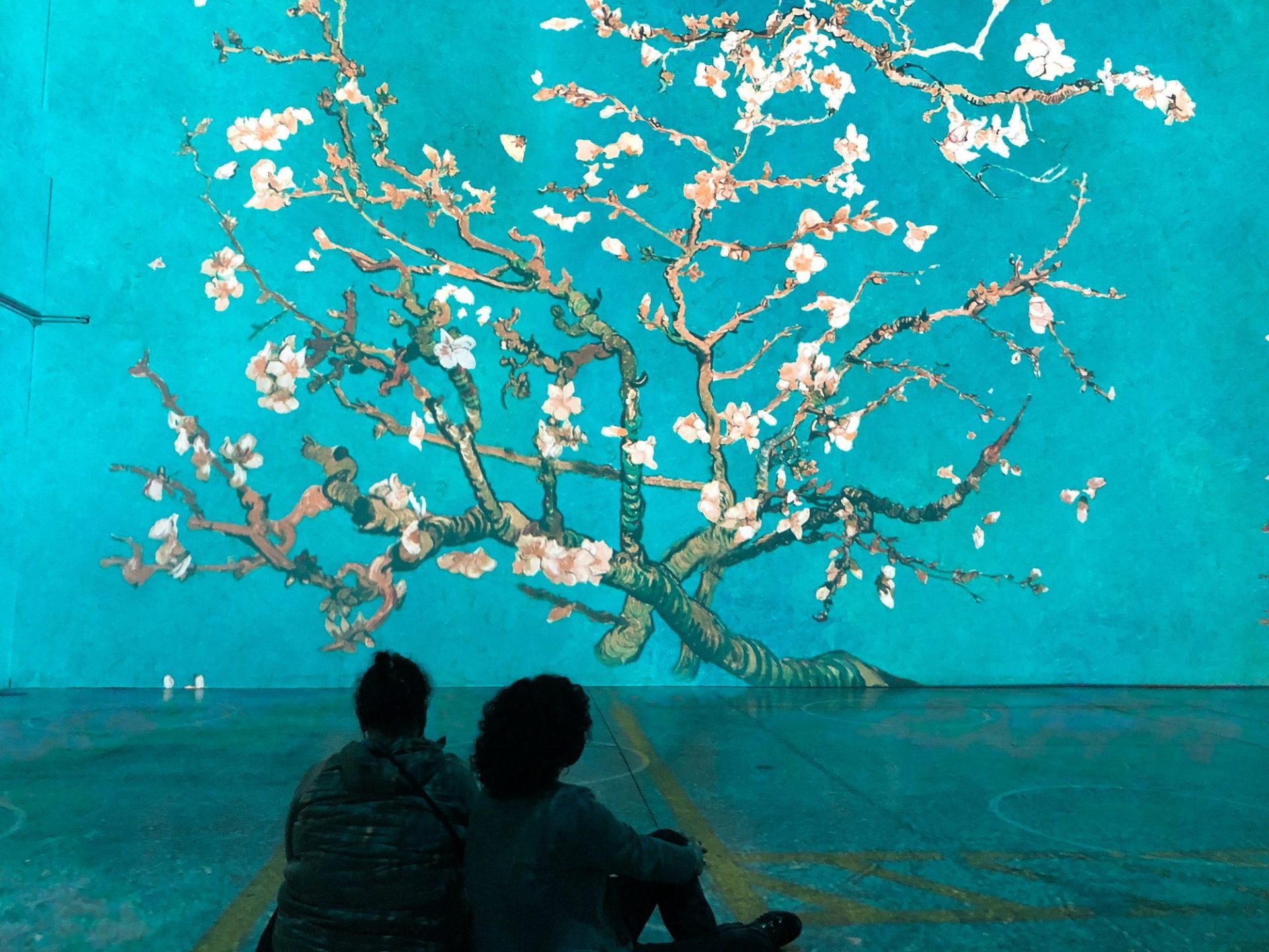 People sitting on a floor looking at Almond Blossom painting at Immersive Van Gogh Exhibit