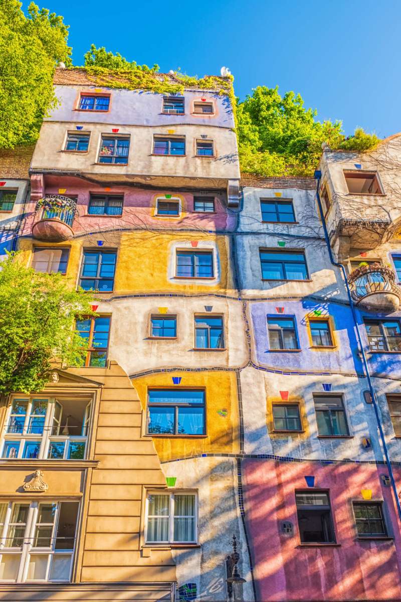 The view of Hundertwasser house in Vienna.